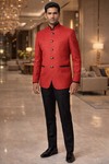 Mens Crimson Jodhpuri Suit 2pc Blue Velvet Trim Nehru Collar Formal Wear