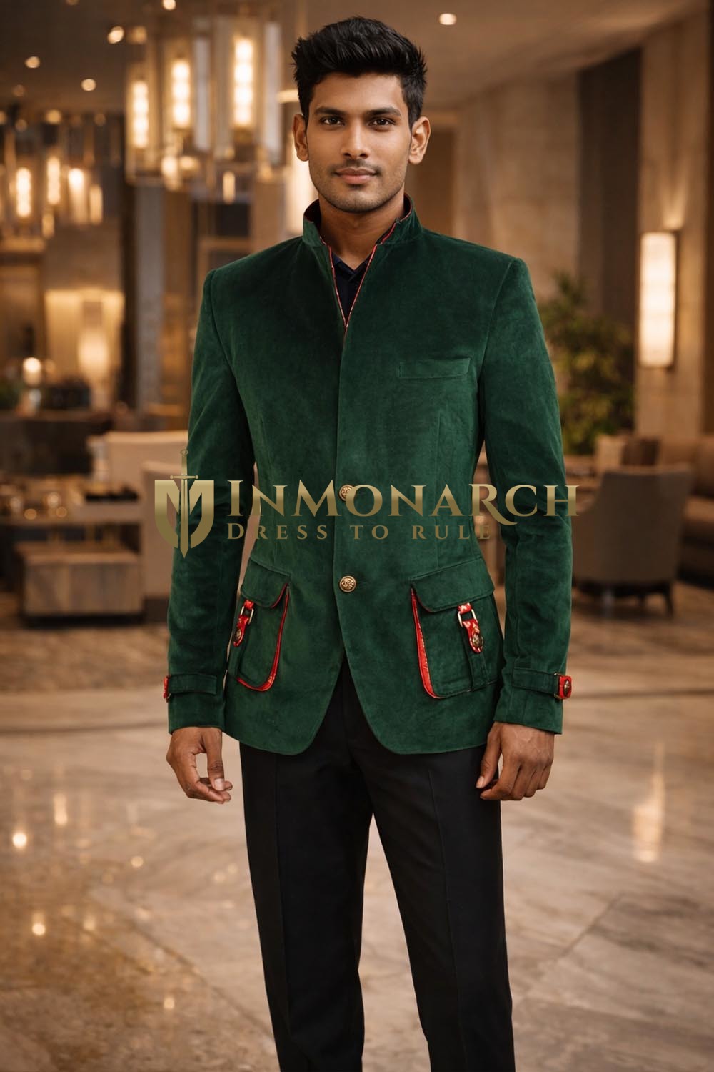 Mens Green Velvet Jodhpuri Suit 2pc Tab Pocket Nehru Collar Formal Wear