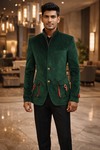 Mens Green Velvet Jodhpuri Suit 2pc Tab Pocket Nehru Collar Formal Wear