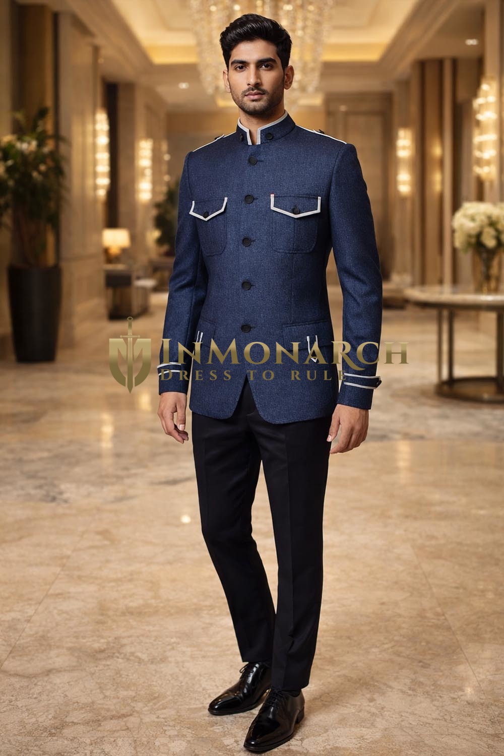 Mens Denim Blue Jodhpuri Suit 2pc Safari Pocket Band Collar Formal Wear