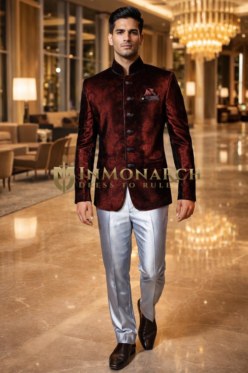 Mens Burgundy Velvet Jodhpuri Suit 3pc Nehru Collar Reception Outfit