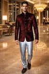 Mens Burgundy Velvet Jodhpuri Suit 3pc Nehru Collar Reception Outfit