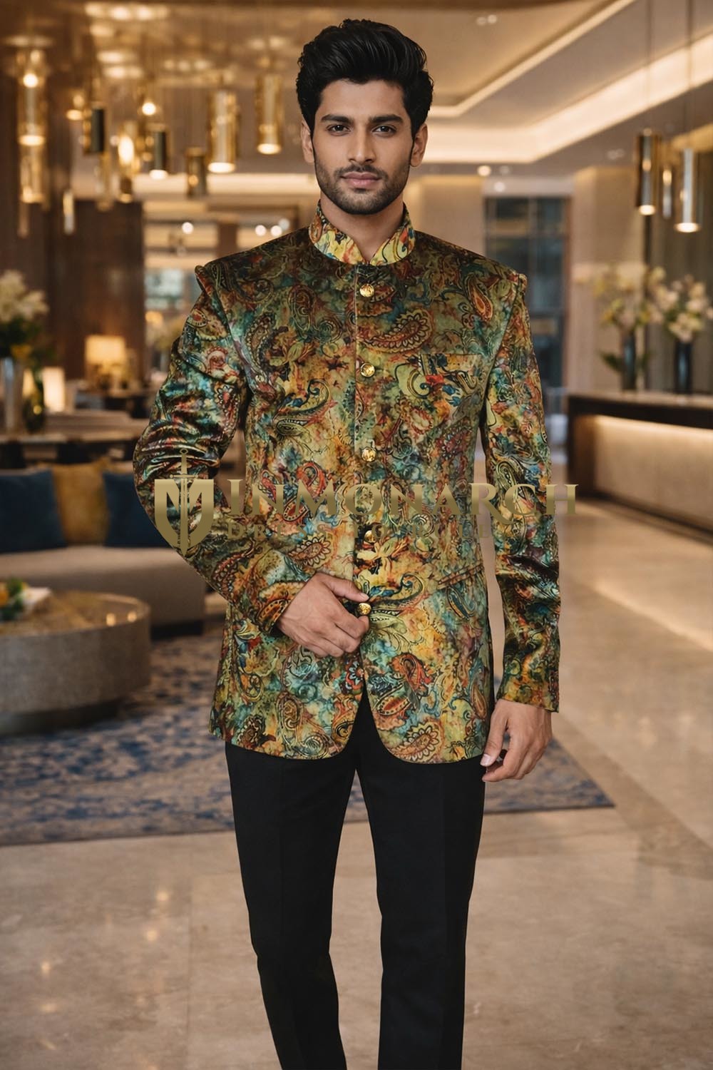 Mens Printed Brown Velvet Jodhpuri Suit 2pc Nehru Collar Formal Wear