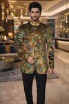 Mens Printed Brown Velvet Jodhpuri Suit 2pc Nehru Collar Formal Wear