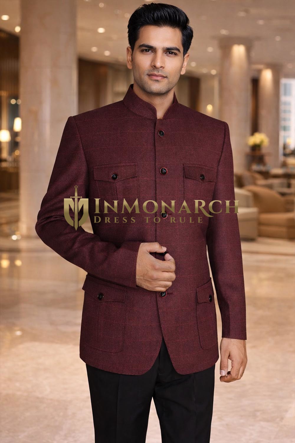 Mens Wine Jodhpuri Suit 2pc Safari Pocket Nehru Collar Formal Wear