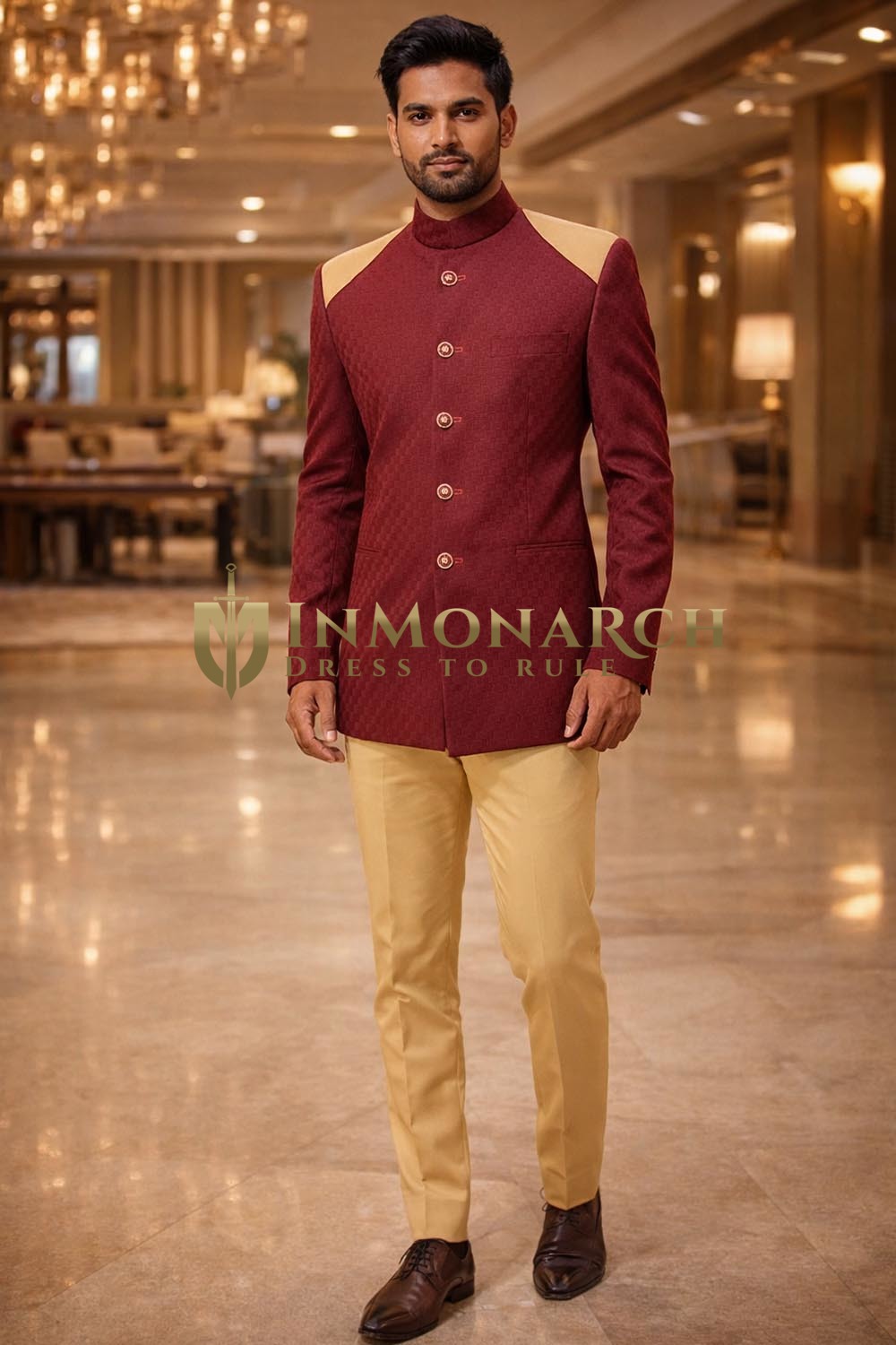 Traje Jodhpuri burdeos para fiesta