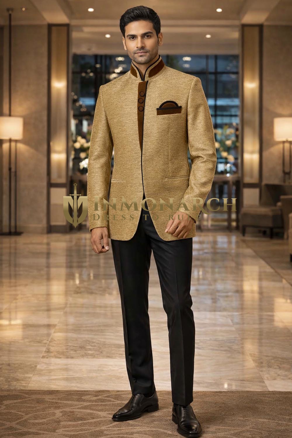 Mens Golden Velvet Jodhpuri Suit 3pc Brown Trim Nehru Collar Outfit