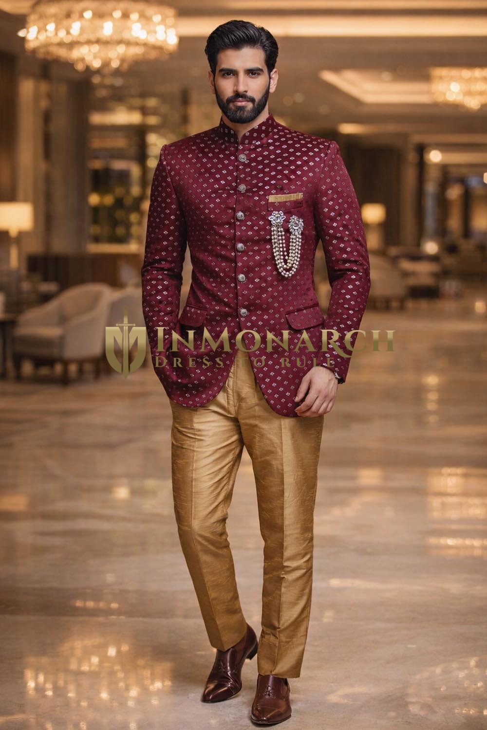 Mens Maroon Velvet Jodhpuri Suit 3pc Beige Silk Trouser Wedding Wear