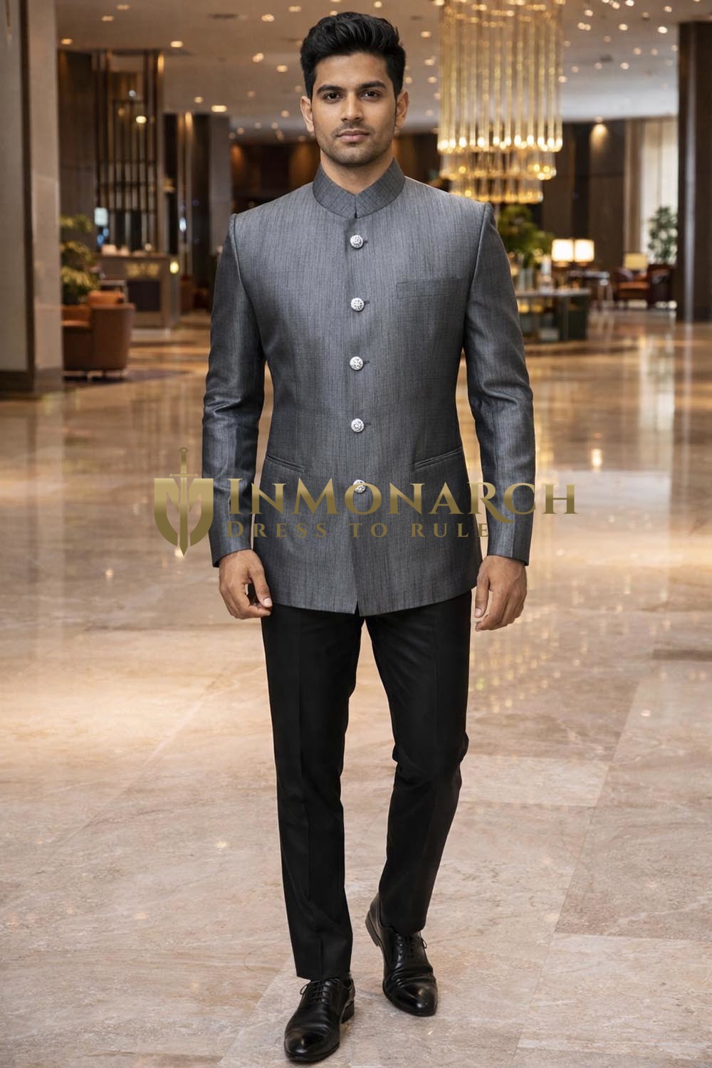 Mens Gray Jodhpuri Suit 2pc Self Lining Fabric Formal Wear