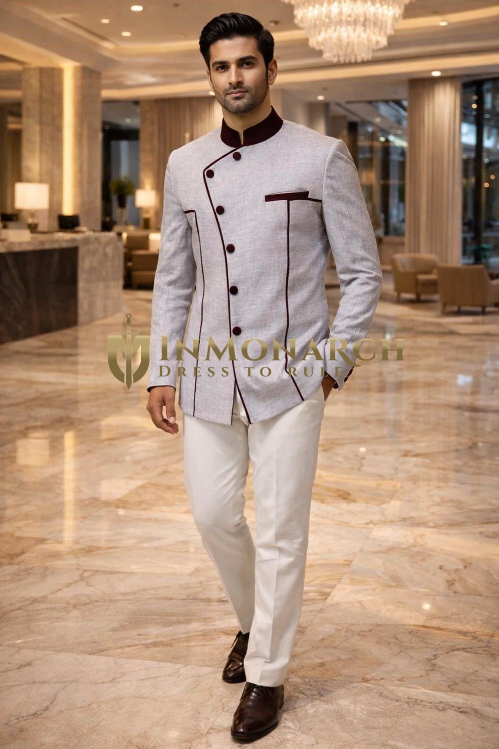 Mens Gray Linen Angrakha Style Jodhpuri Suit 2pc White Trouser