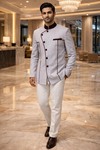 Mens Gray Linen Angrakha Style Jodhpuri Suit 2pc White Trouser