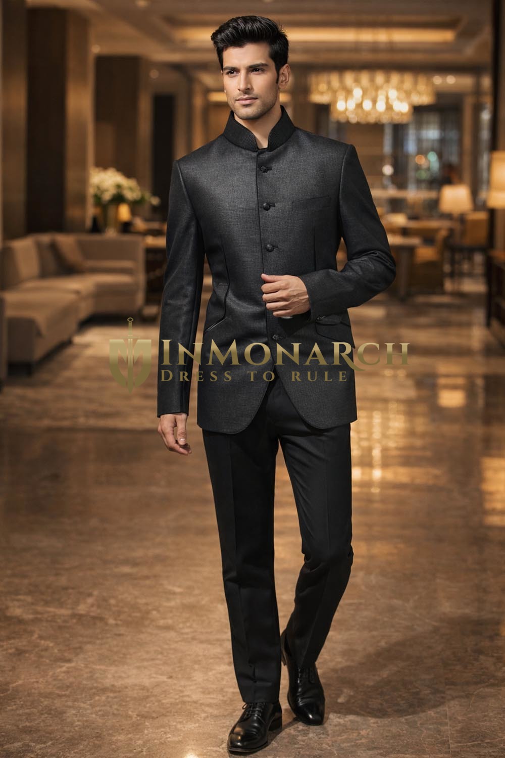 Mens Dark Gray Jodhpuri Suit 2pc Nehru Collar Satin Trim Formal
