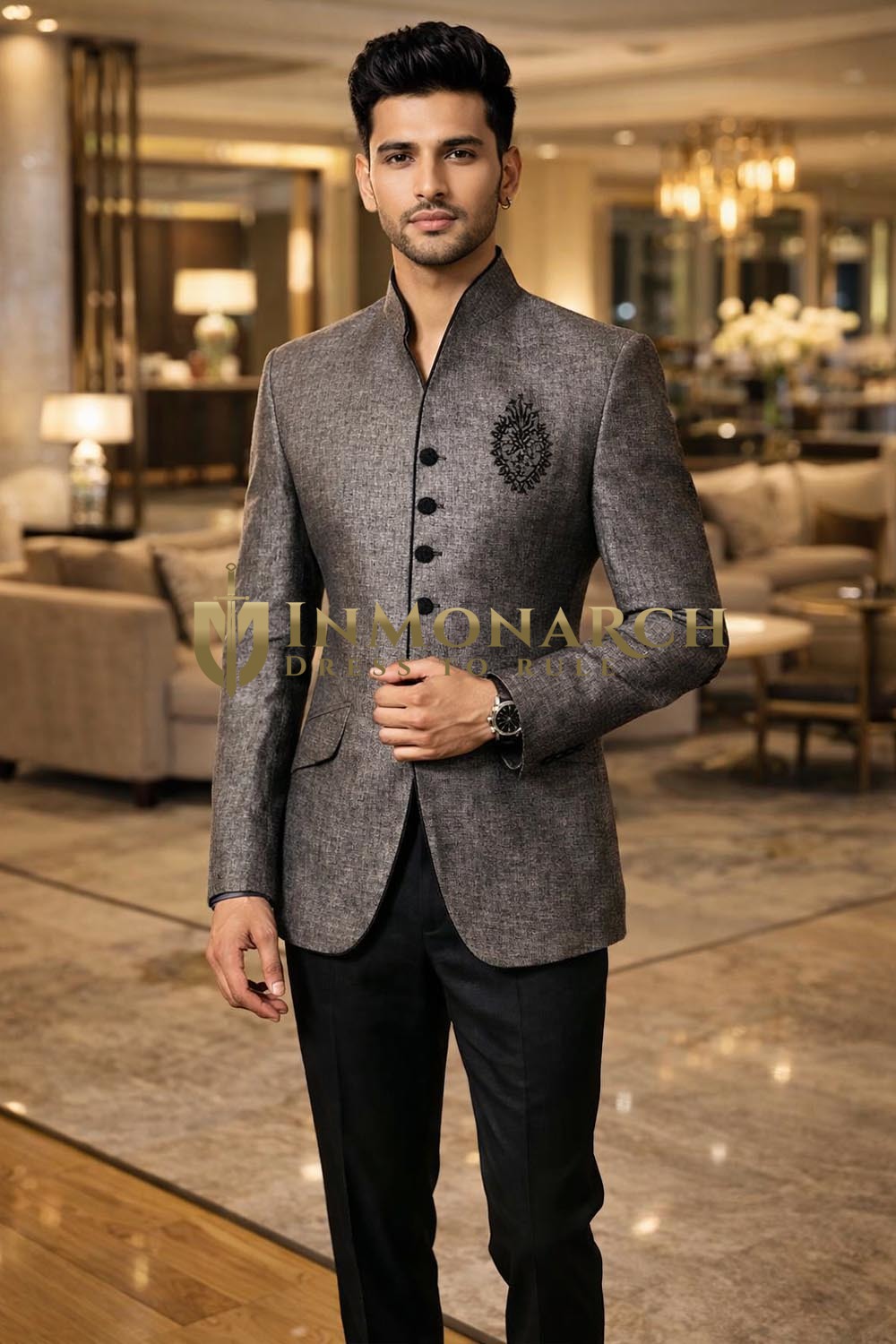 Mens Gray Linen Jodhpuri Suit 2pc Open V Neck Formal Wear
