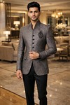 Mens Gray Linen Jodhpuri Suit 2pc Open V Neck Formal Wear