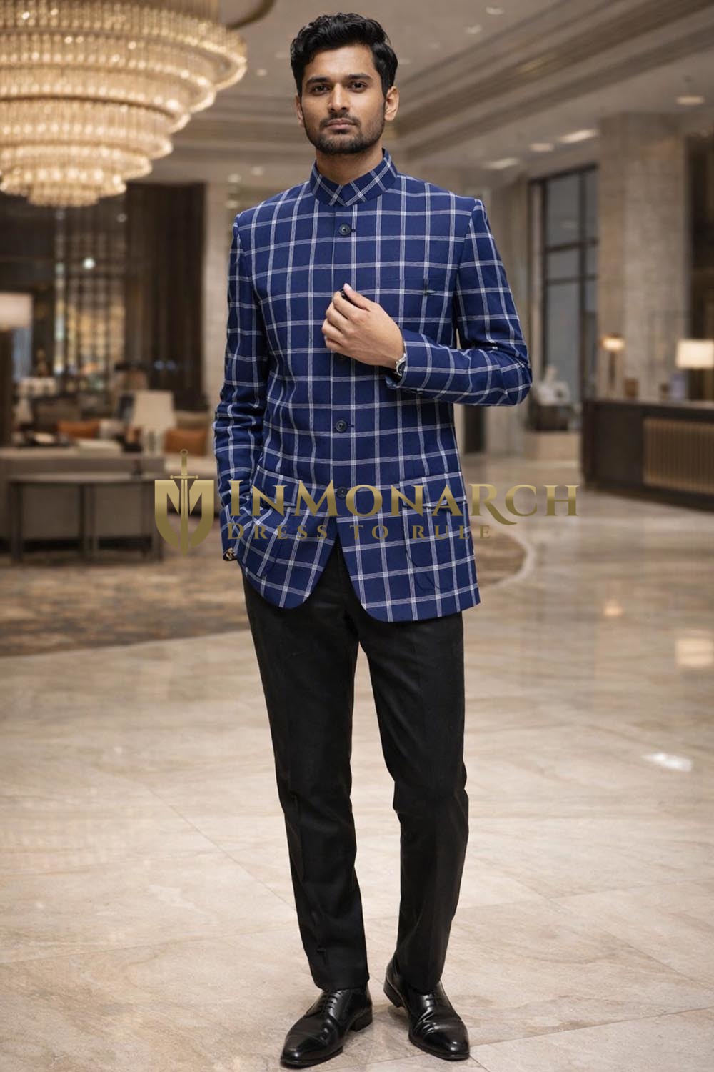 Mens Blue Checks Jodhpuri Coat Safari Style Utility Pockets