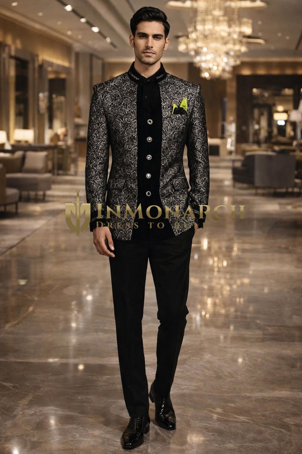 Mens Silver Floral Jodhpuri Suit 3pc Black Velvet Trim