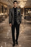 Mens Silver Floral Jodhpuri Suit 3pc Black Velvet Trim
