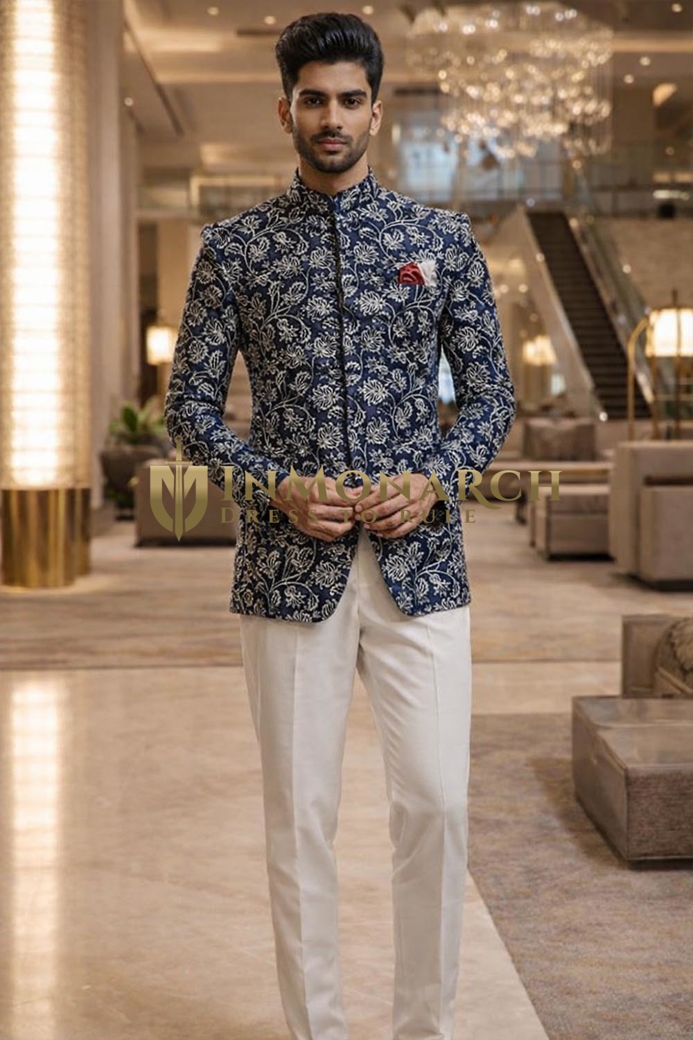 Navy Blue Jacquard Jodhpuri Suit 3pc Indian Wedding Wear for Men