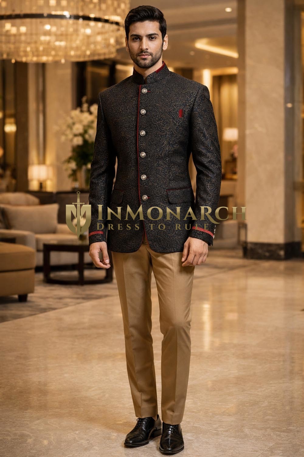 Mens Black Self Design Jodhpuri Suit 2pc with Red Trimming & Brown Trousers