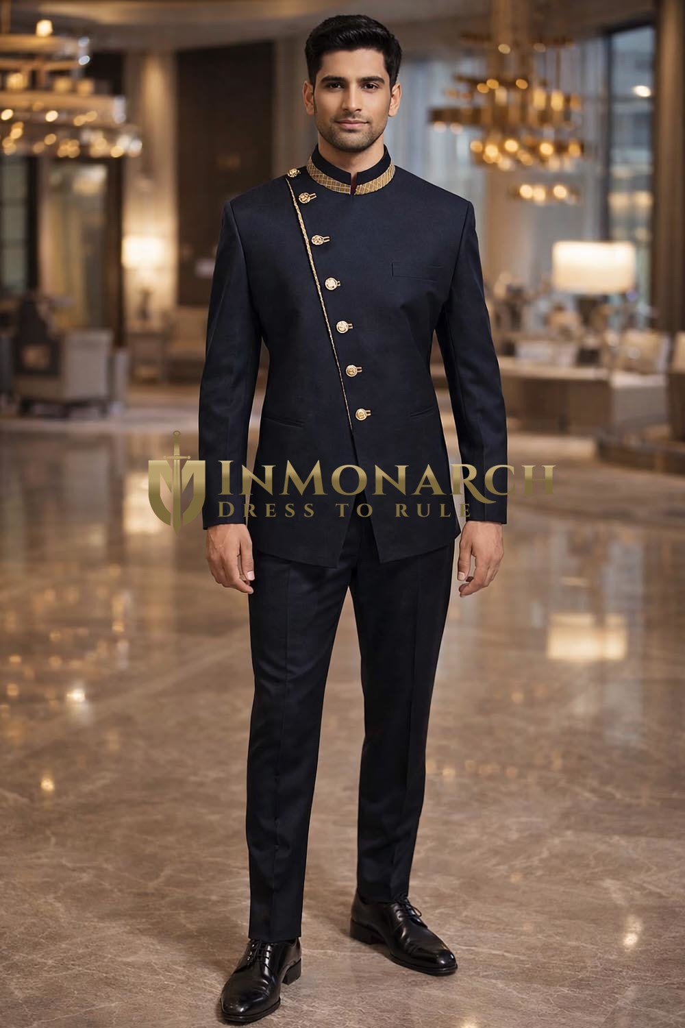 Mens Navy Blue Angrakha Style Jodhpuri Suit 2pc Designer Trim