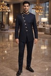 Mens Navy Blue Angrakha Style Jodhpuri Suit 2pc Designer Trim