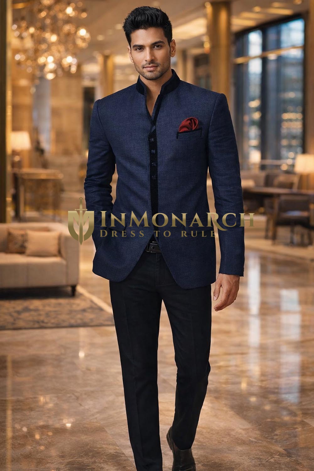 Mens Navy Blue Ethnic Jodhpuri Suit 3pc with Pocket Square