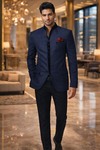 Mens Navy Blue Ethnic Jodhpuri Suit 3pc with Pocket Square