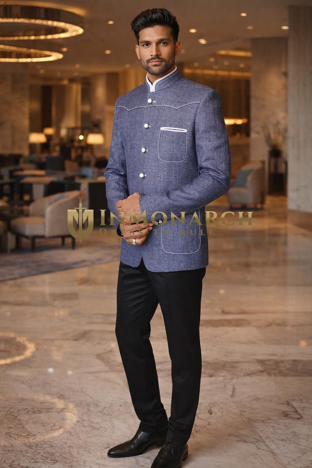 Mens Steel Blue Designer Jodhpuri Suit 2pc with Black Trousers