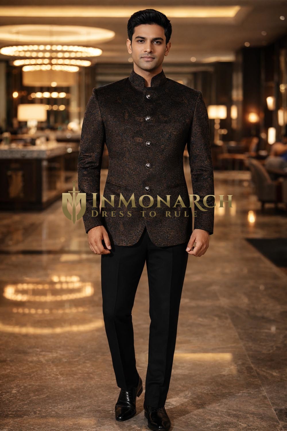Mens Brown Paisley Velvet Jodhpuri Suit 2pc with Black Trousers