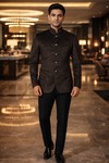 Mens Brown Paisley Velvet Jodhpuri Suit 2pc with Black Trousers