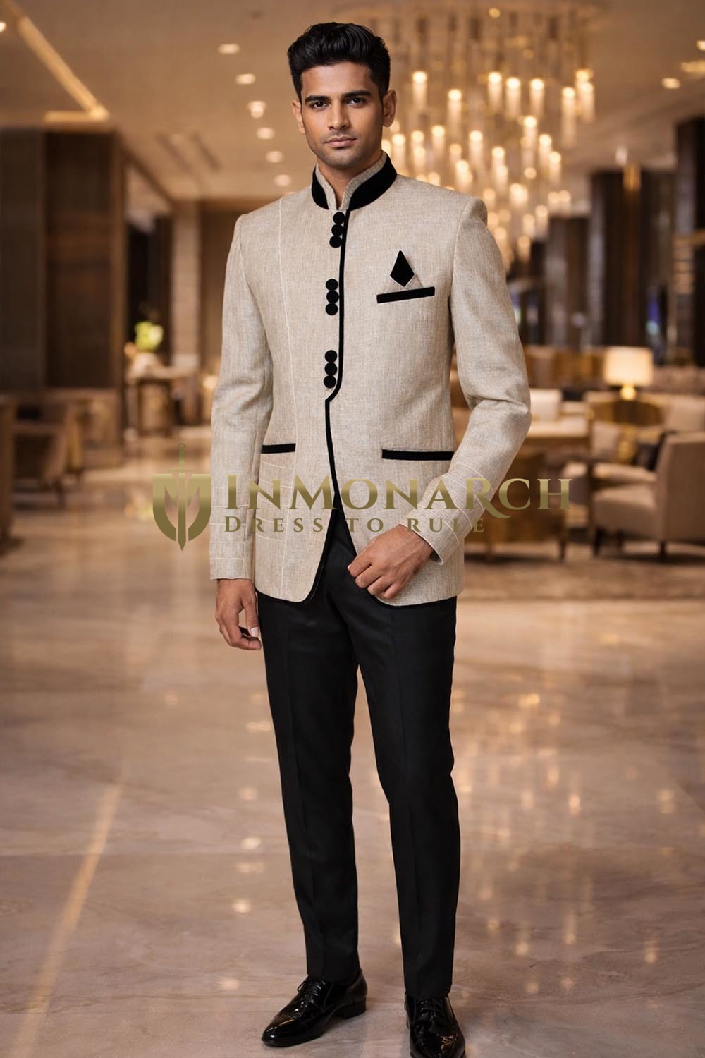  Traje Jodhpuri beige terciopelo negro