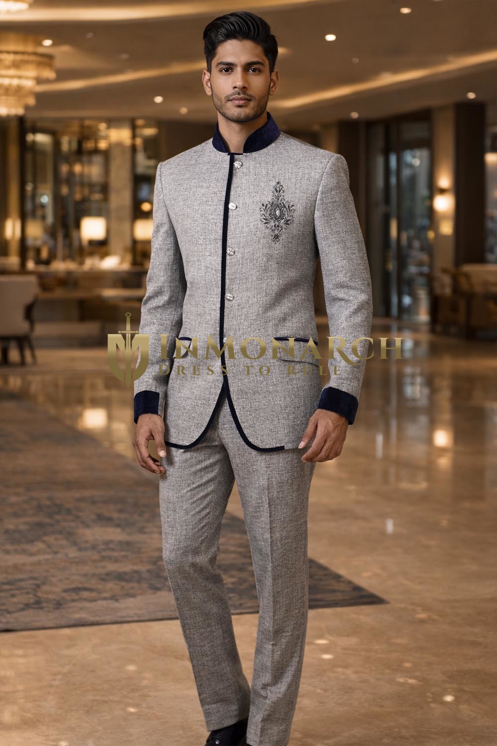 Party Jodhpuri Anzug grau bestickt