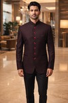 Mens Wine Self Design Jodhpuri Suit with Black Trousers 2Pc Designer