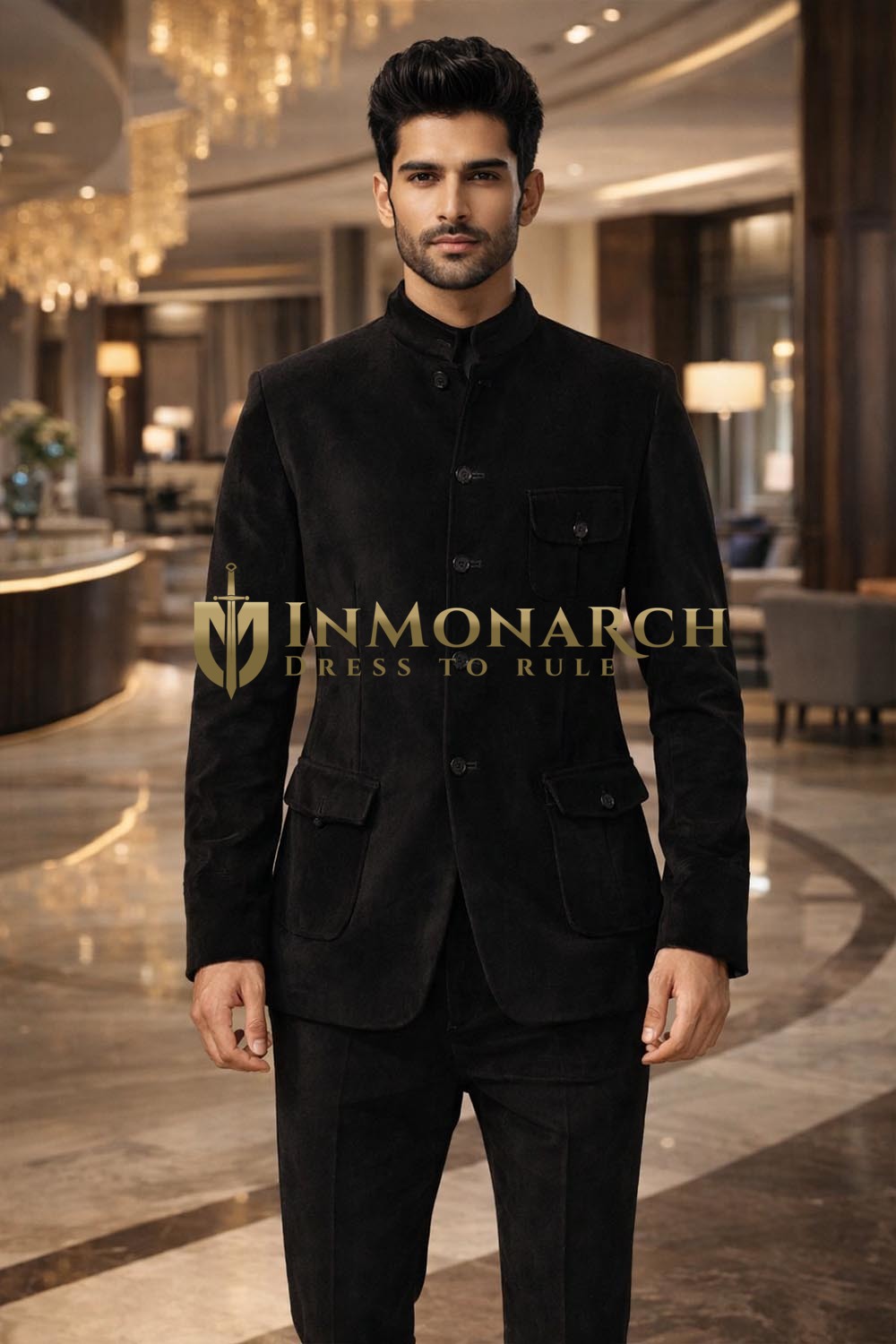 Mens Black Velvet Nehru Collar Jodhpuri Suit 2Pc Designer Set