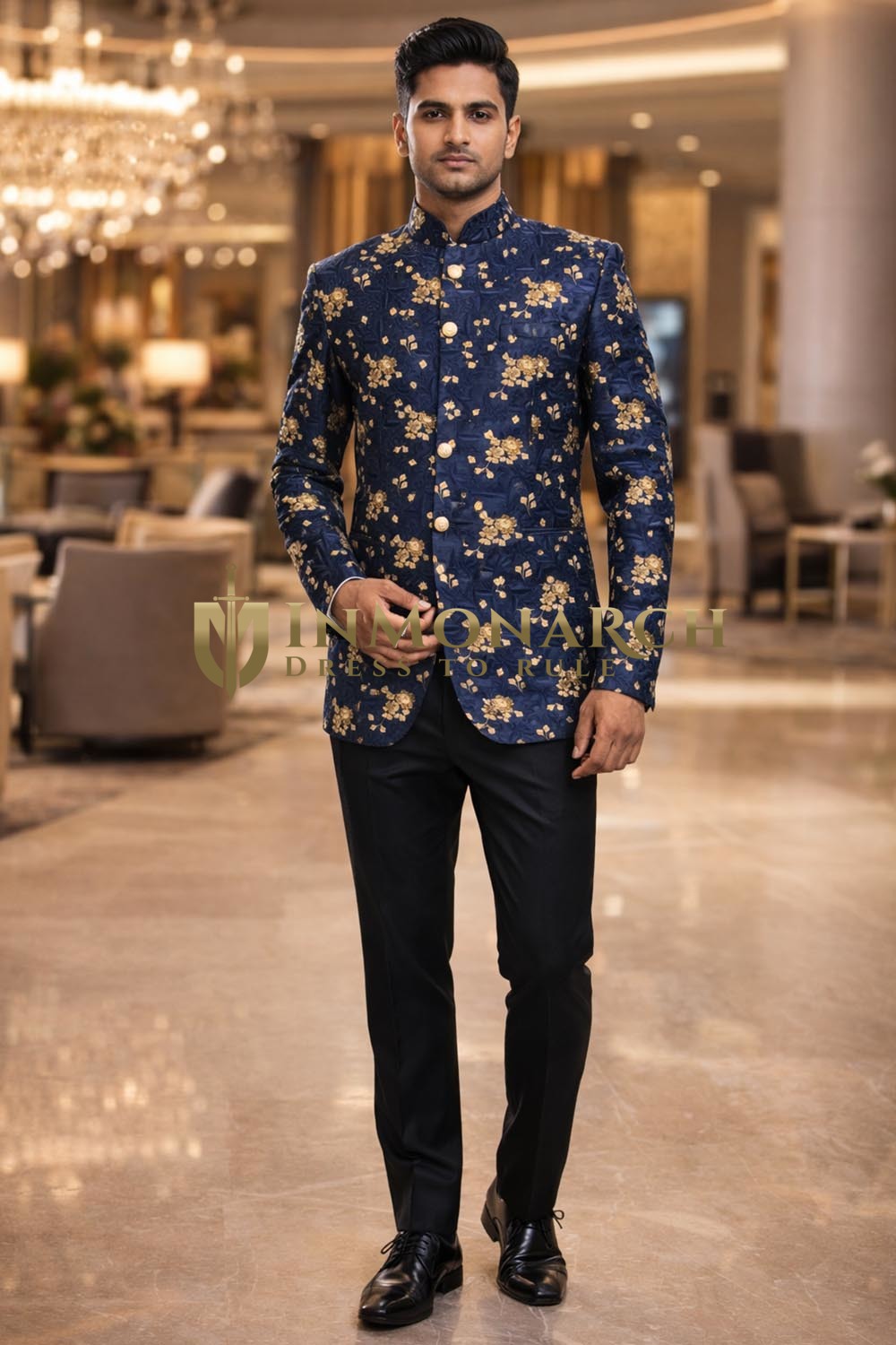Navy Blue Concealed Button Embroidered Jodhpuri Wedding Suit 2Pc Set