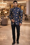Navy Blue Concealed Button Embroidered Jodhpuri Wedding Suit 2Pc Set