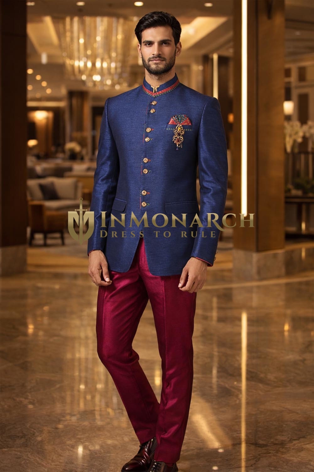Mens Navy Blue Jodhpuri Suit 4Pc with Brooch and Pocket Square
