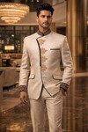 Mens Cream Embroidered Jodhpuri Suit with Patch Collar 2Pc Set