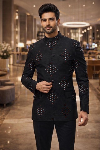 ブラック刺繍ジョードプリスーツ男性用