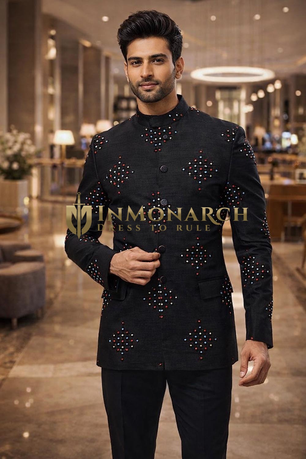 Mens Black Machine Embroidered Jodhpuri Wedding Suit 2Pc Set
