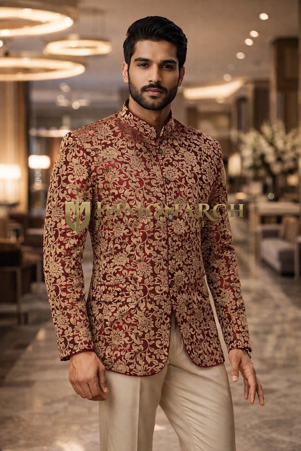 Mens Burgundy Floral Jodhpuri Suit with Beige Trousers 2Pc Wedding Set