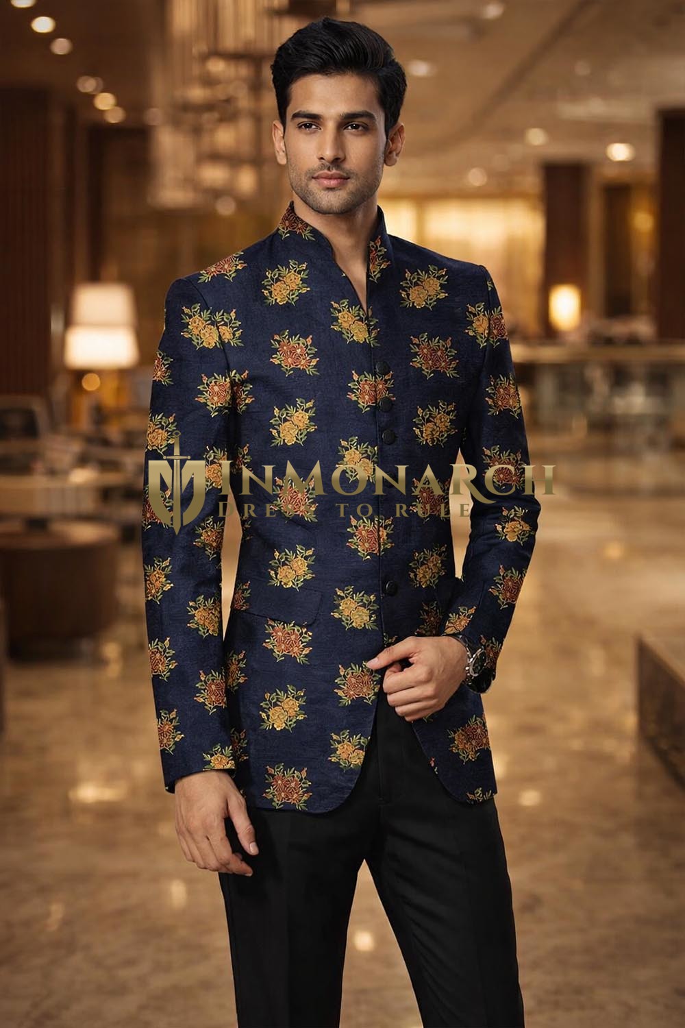 Mens Navy Blue Dupion Silk Jodhpuri Suit 2pc Floral Wedding Ensemble Fit