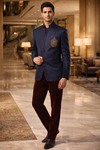 Mens Dark Navy 2pc Jodhpuri Suit Designer Wedding Formal Trousers Outfit