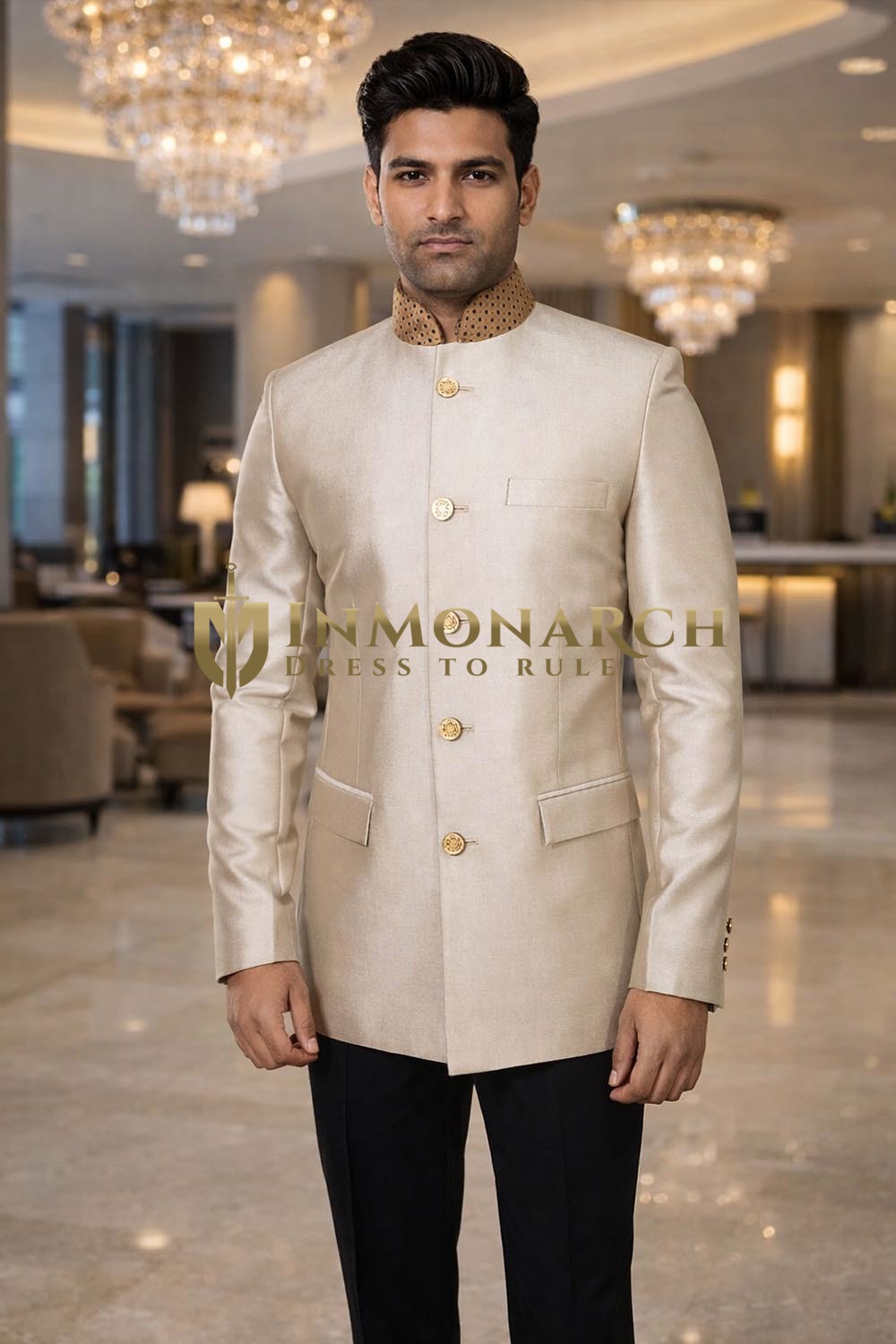 Mens Beige Velvet Collar Jodhpuri Suit 2pc Classic Wedding Formal Outfit