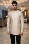 Mens Beige Velvet Collar Jodhpuri Suit 2pc Classic Wedding Formal Outfit