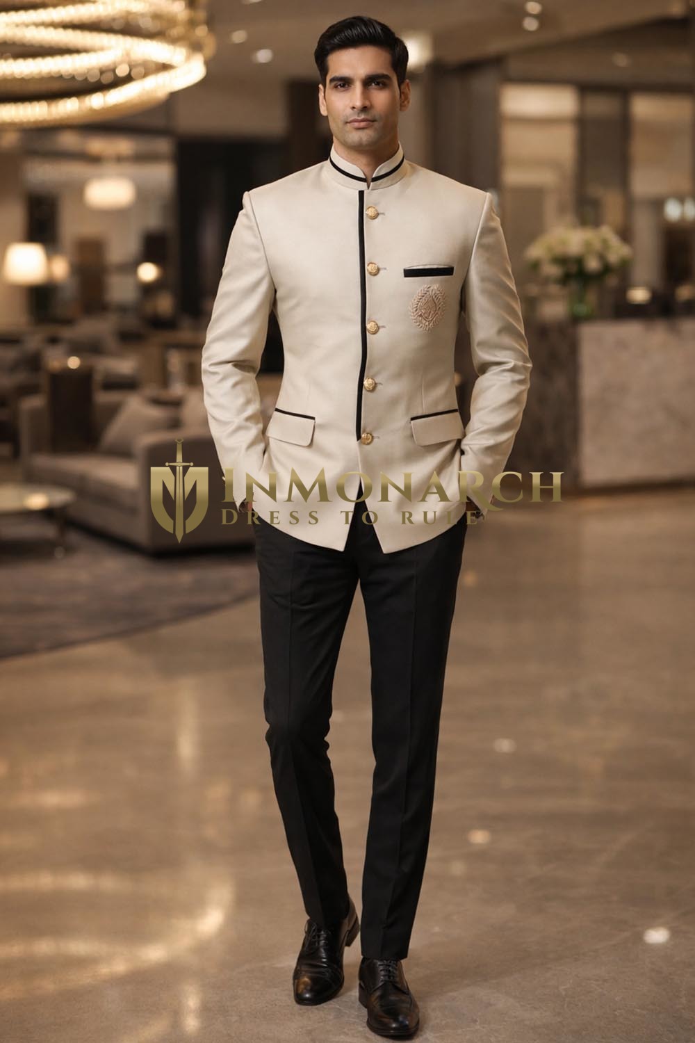 Costume Jodhpur Brodé Homme Beige