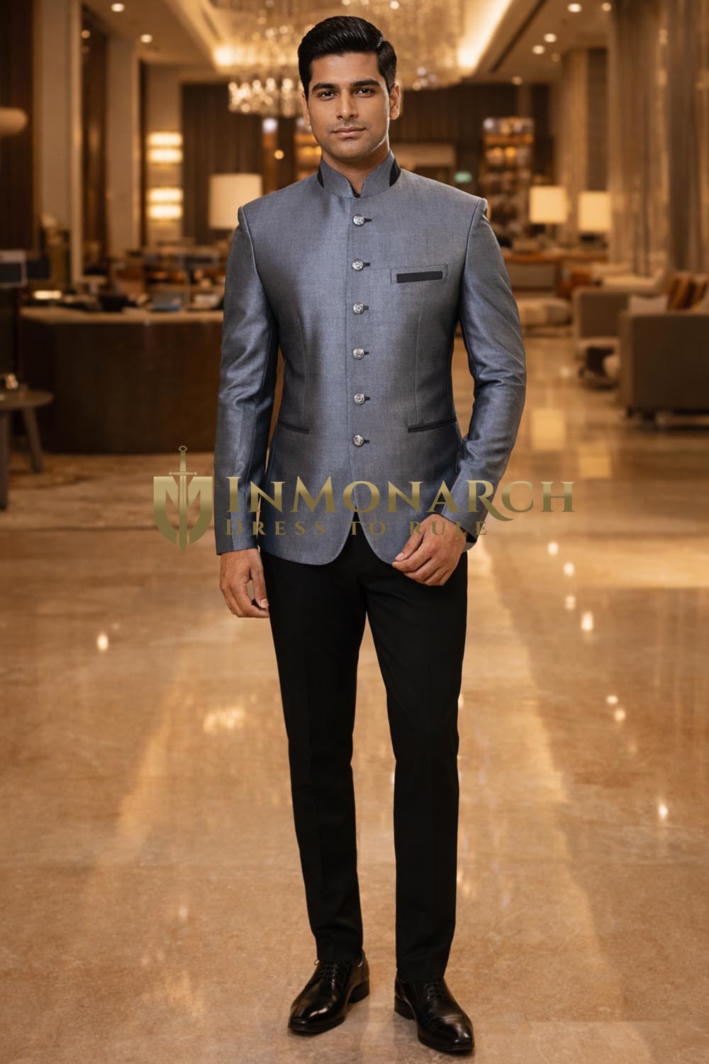 Traje Jodhpuri Azul Acero para Hombre