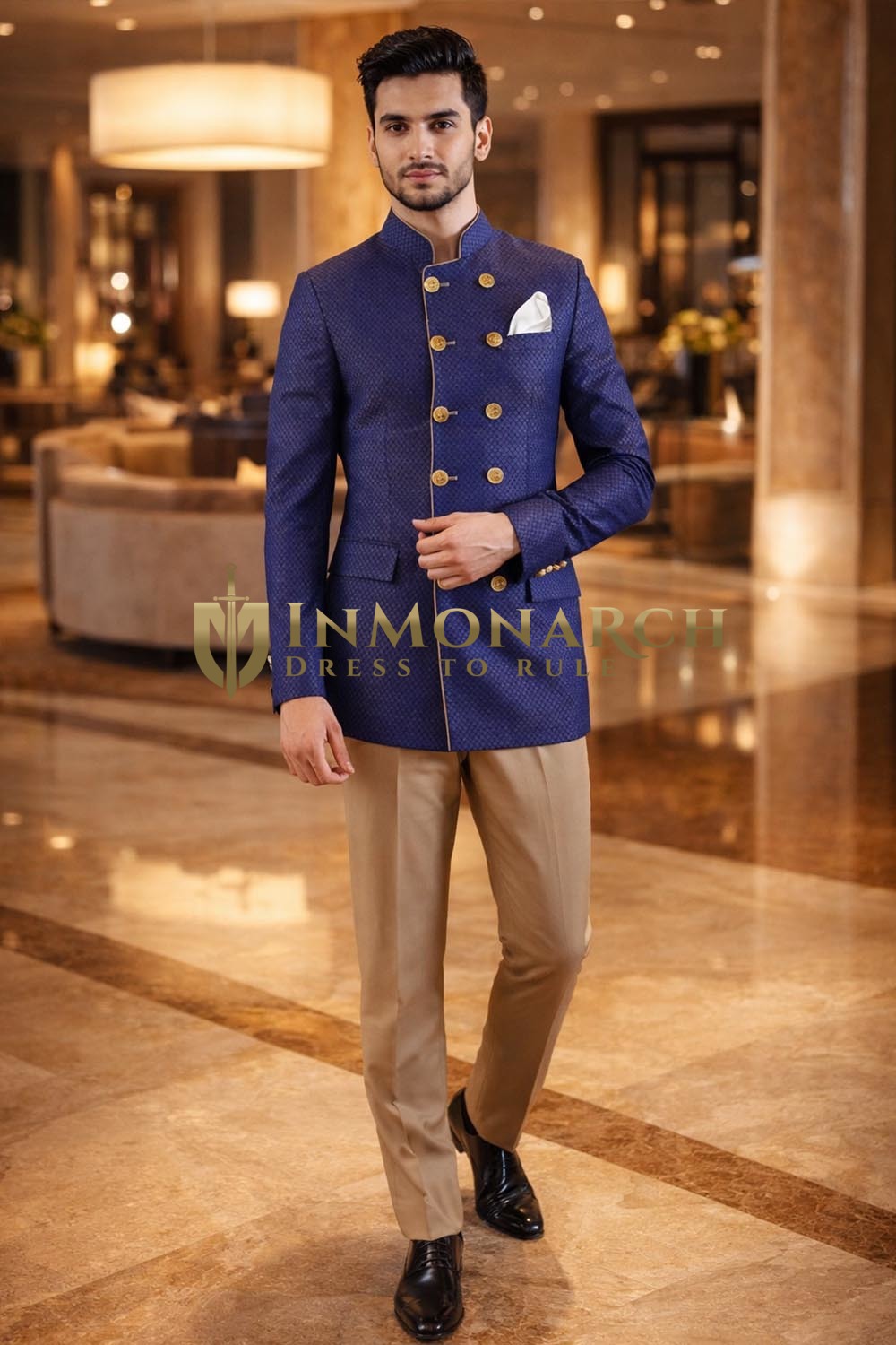 Mens Royal Blue Double Breasted Jodhpuri Suit 3pc Wedding Ensemble