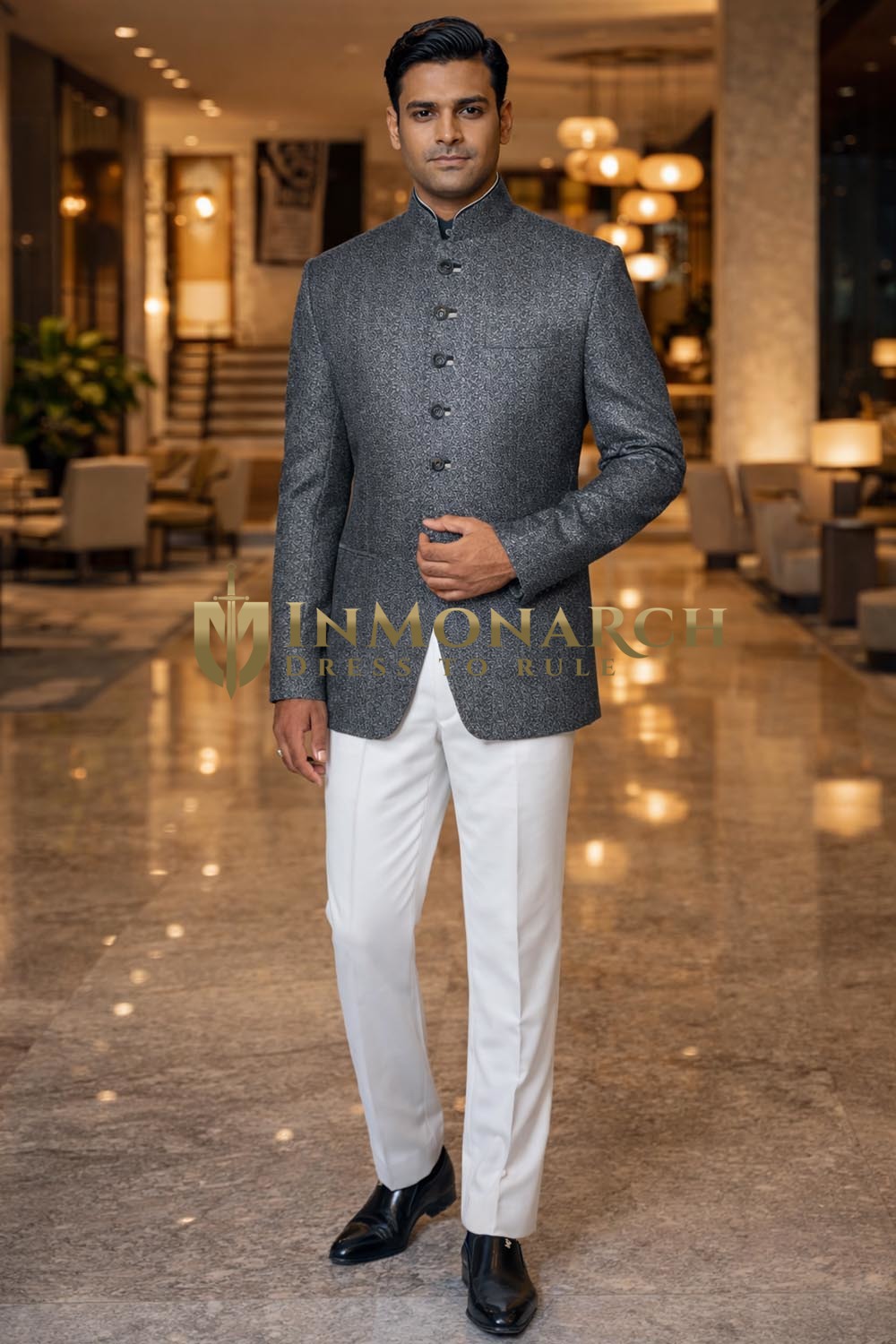 Mens Grey Self Design Jodhpuri Suit 2pc Classic Wedding Formal Outfit