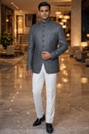 Mens Grey Self Design Jodhpuri Suit 2pc Classic Wedding Formal Outfit
